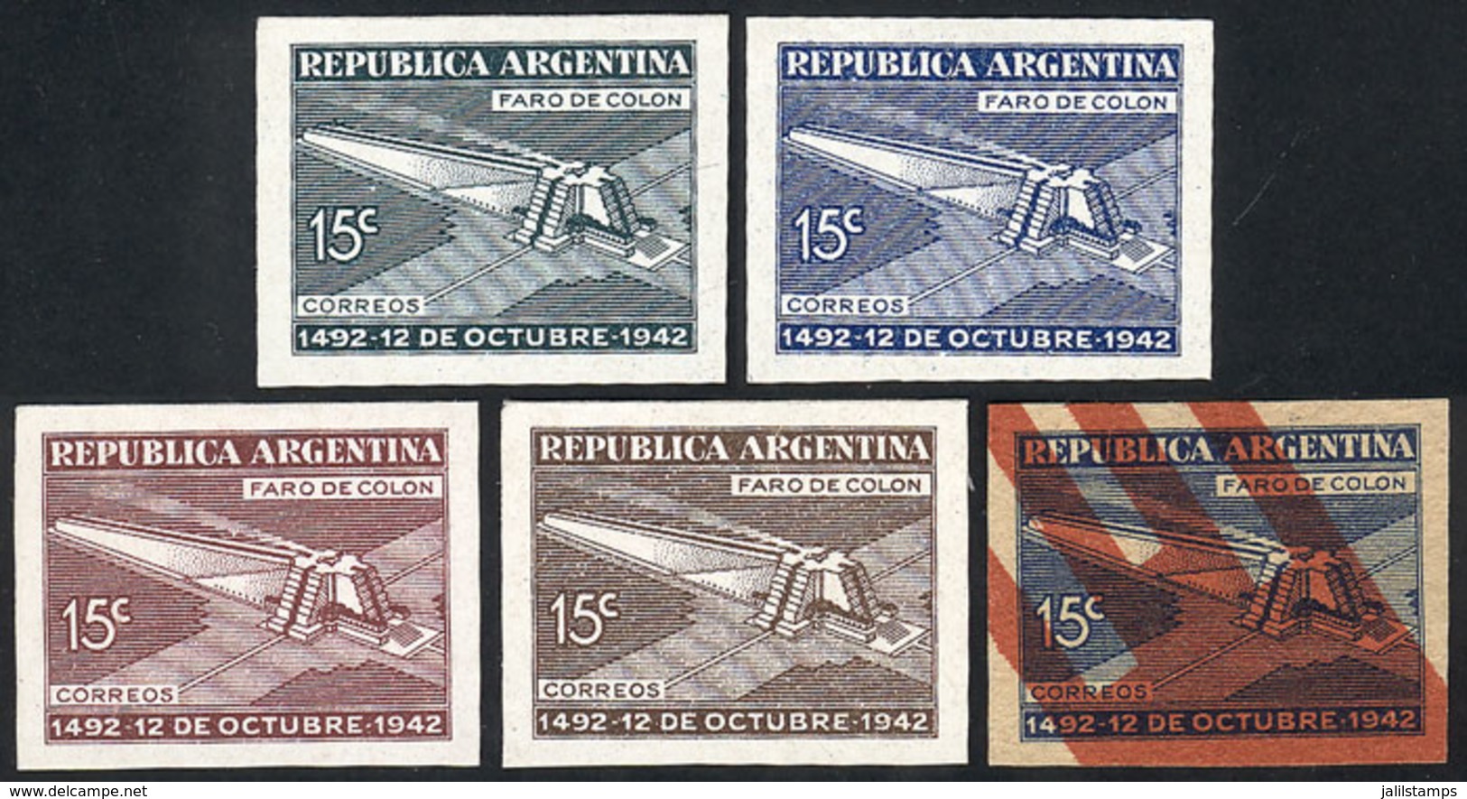 ARGENTINA: GJ.867, 1942 Discovery Of America 450 Years, Cmpl. Set Of 5 Different TRIAL COLOR PROOFS, VF Quality! - Cartas & Documentos