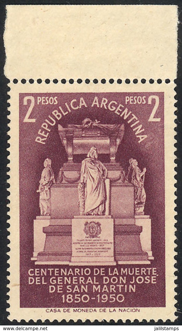 ARGENTINA: GJ.982A, 1950 2P. Mausoleum Of San Martín, Printed On YELLOWISH PAPER WITHOUT WATERMARK, Without Gum, MNH (it - Storia Postale