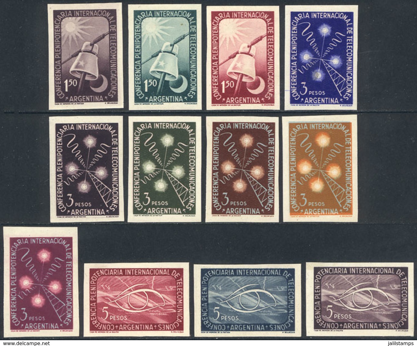 ARGENTINA: GJ.1026/8, 1954 Telecommunications, 12 PROOFS In Different Colors, Very Fine Quality, Rare! - Storia Postale