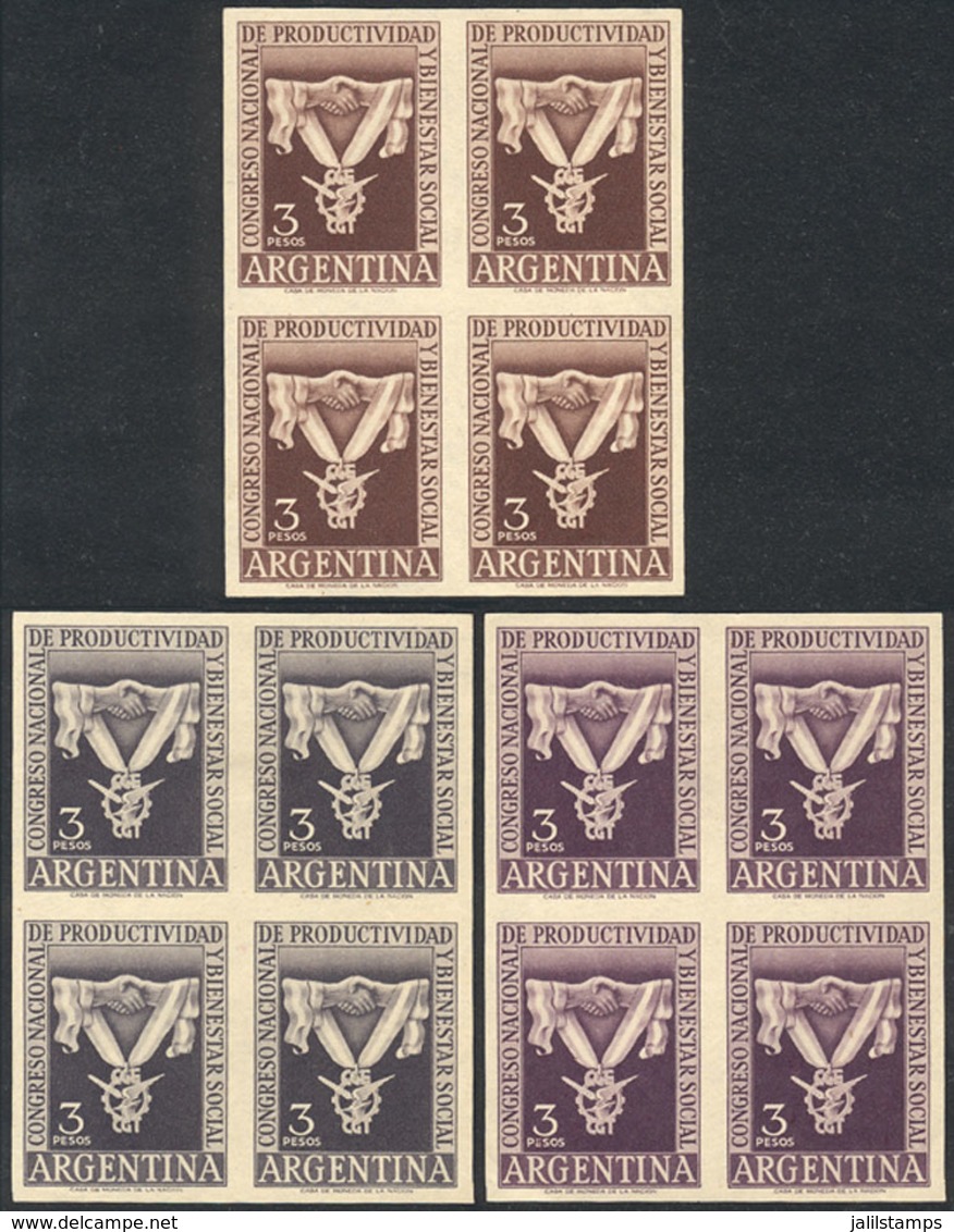 ARGENTINA: GJ.1058, 1955 National Conference On Productivity And Social Welfare, PROOFS On Ordinary Paper, BLOCKS OF 4 I - Storia Postale