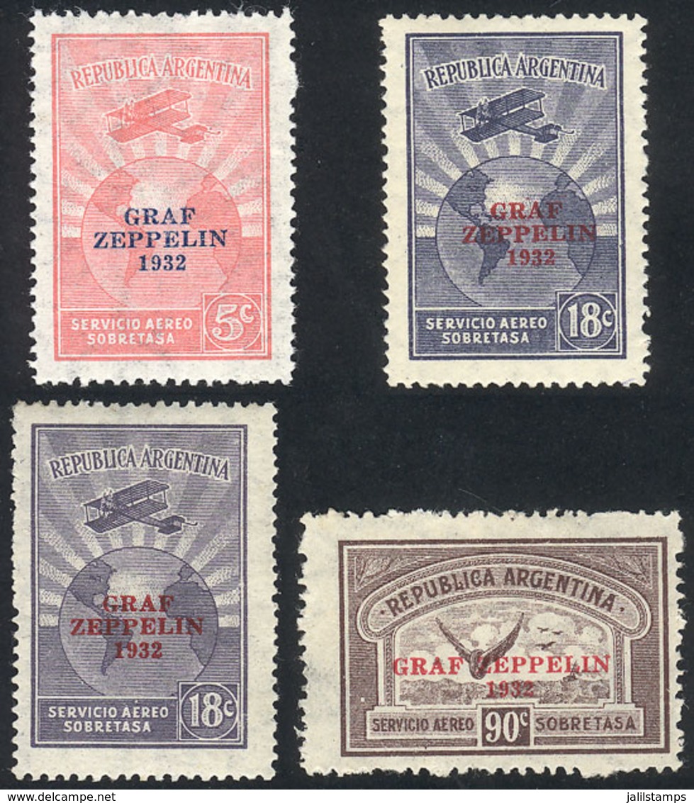 ARGENTINA: GJ.720/722 + 721A, 1932 Zeppelin, Cmpl. Set Of 3 Values + 18c. In Lilac-gray, VF Quality! - Airmail