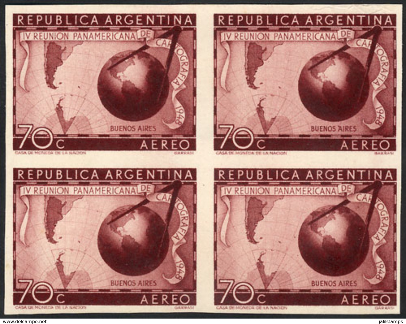 ARGENTINA: GJ.962, 1949 Cartography, PROOF In Chestnut-lilac, Imperforate Block Of 4 Printed On Opaque Paper, Minor Defe - Luftpost