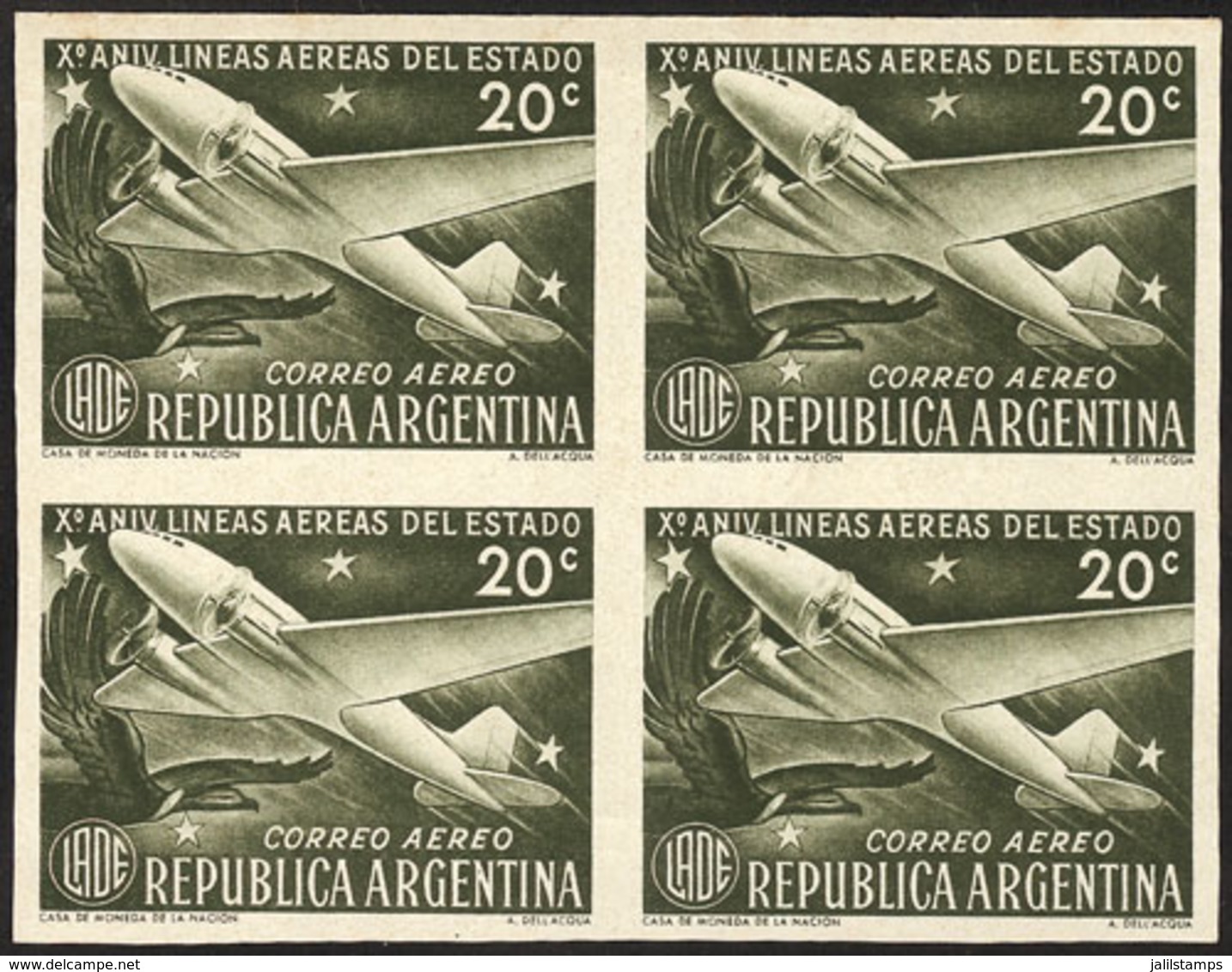 ARGENTINA: GJ.996, 1951 LADE, PROOF In The Adopted Color, Imperforate Block Of 4 Printed On Paper With Glazed Front, VF  - Posta Aerea