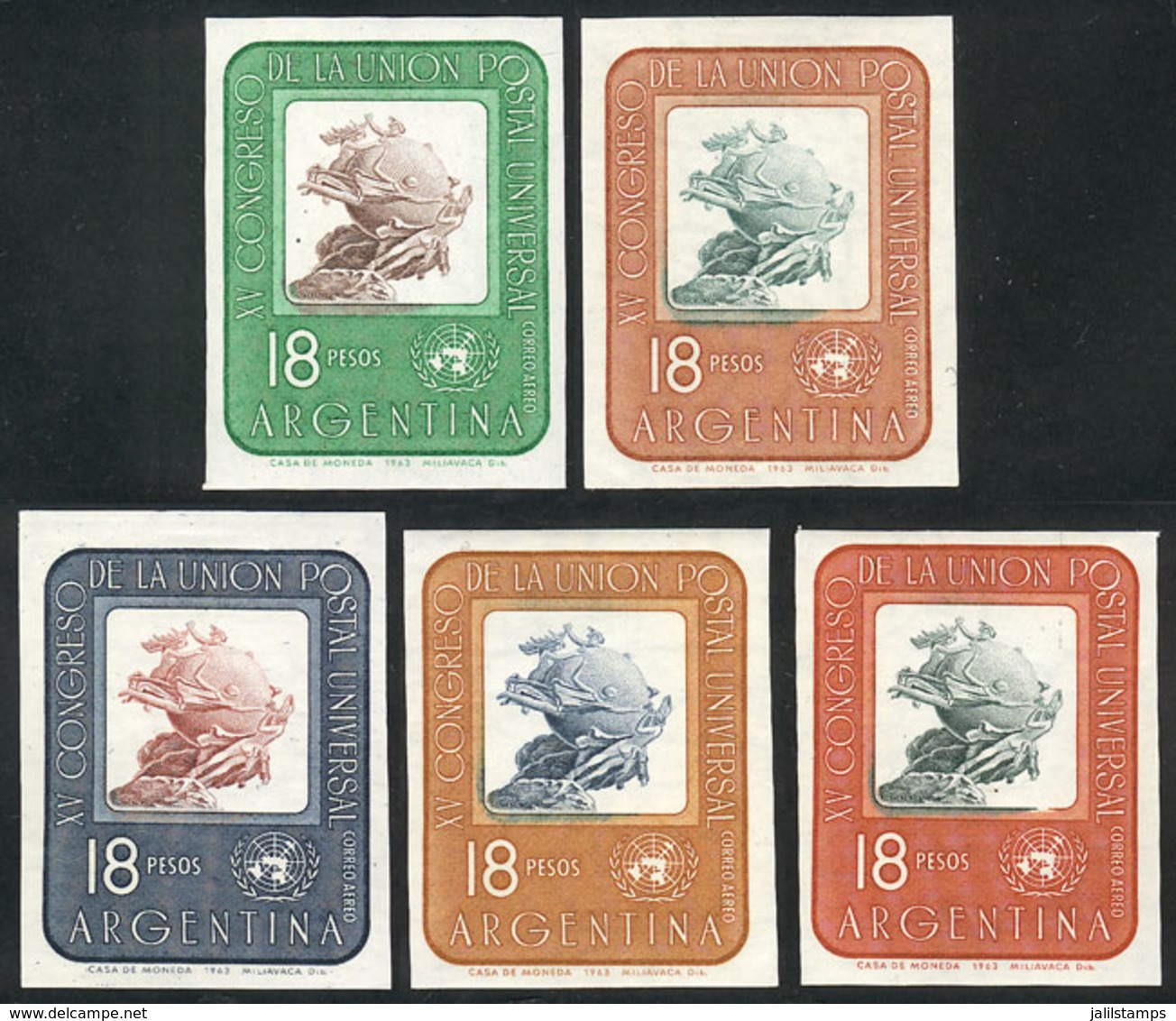 ARGENTINA: GJ.1278, 1964 UPU Congress, 5 Imperforate TRIAL COLOR PROOFS, Printed On Gummed Paper With Watermark, VF Qual - Luftpost