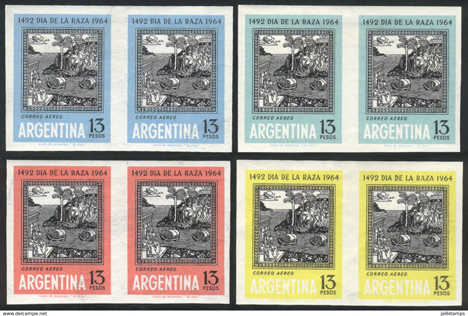 ARGENTINA: GJ.1287, 1964 Discovery Of America, TRIAL COLOR PROOFS, 4 Imperforate Pairs Printed On Gummed Paper With Wate - Posta Aerea