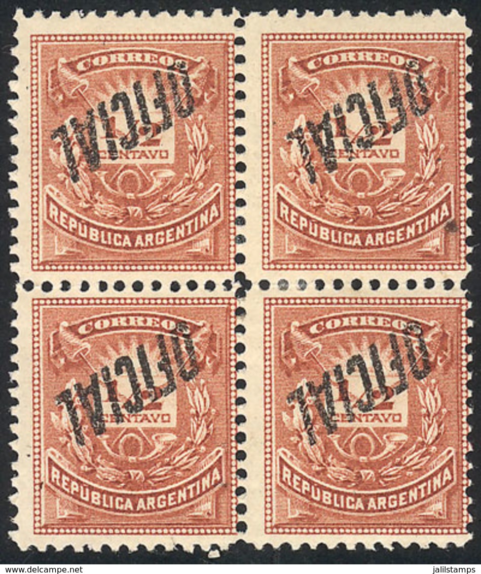 ARGENTINA: GJ.10a, ½c. Little Envelope With INVERTED Overprint, Superb Block Of 4, Rare In This Condition! - Dienstmarken
