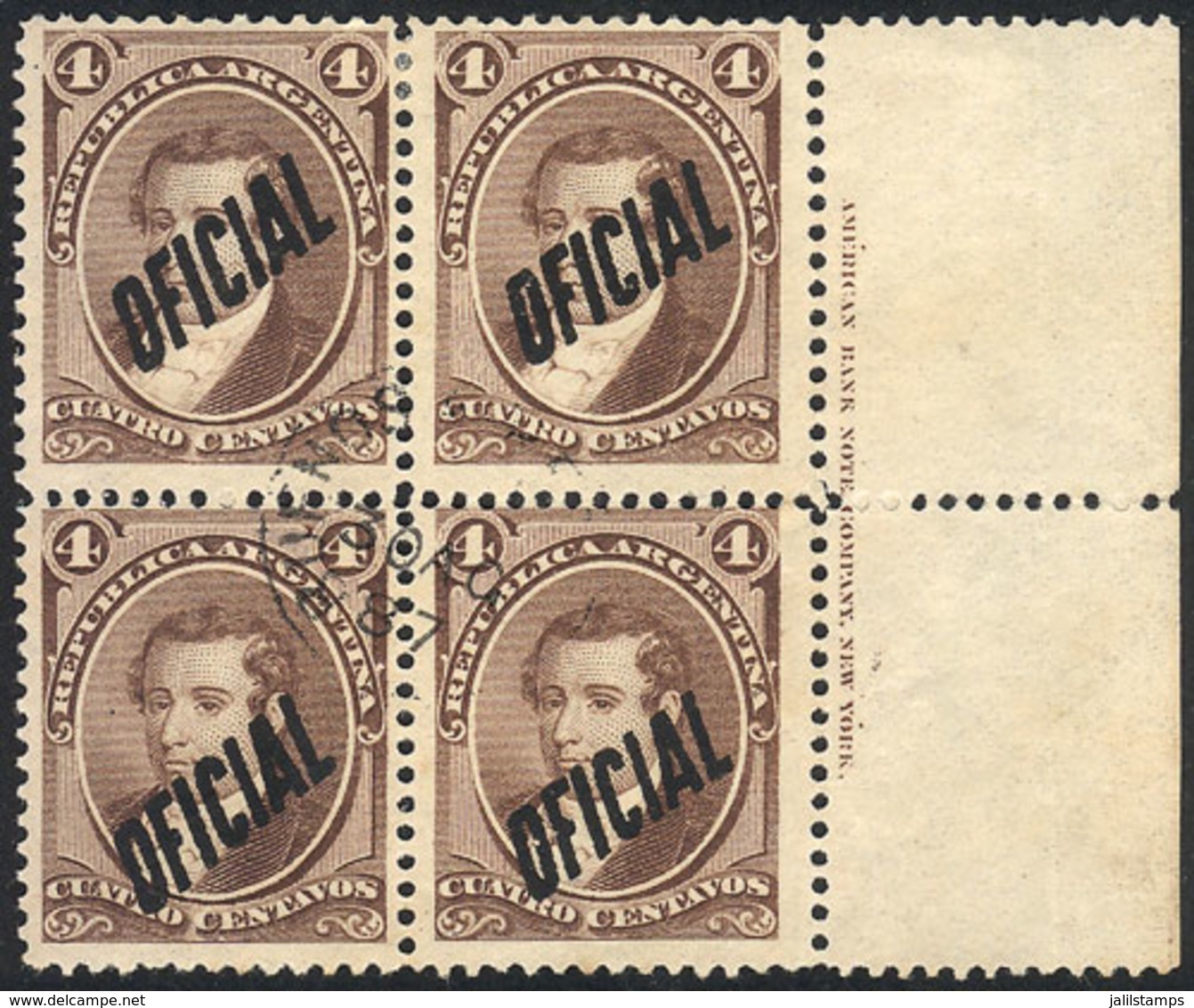 ARGENTINA: GJ.15, 4c. Moreno, Fantastic Marginal Block Of 4 With Printer Imprint, Well Cancelled On The Center, Superb,  - Servizio