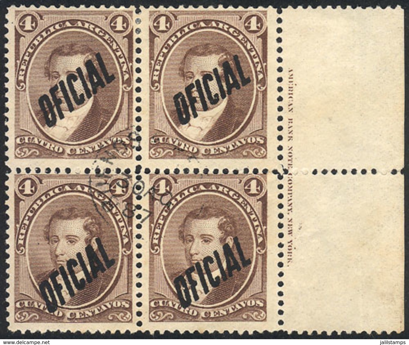 ARGENTINA: GJ.15, 4c. Moreno, Fantastic Marginal Block Of 4 With Printer Imprint, Well Cancelled On The Center, Superb,  - Oficiales