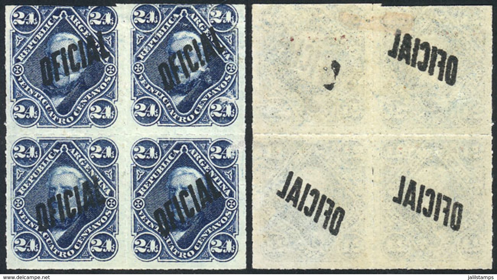 ARGENTINA: GJ.24, San Martín 24c. Rouletted, Block Of 4 With OFFSET Impression Of The Overprint On Back Of 3 Stamps, VF, - Officials