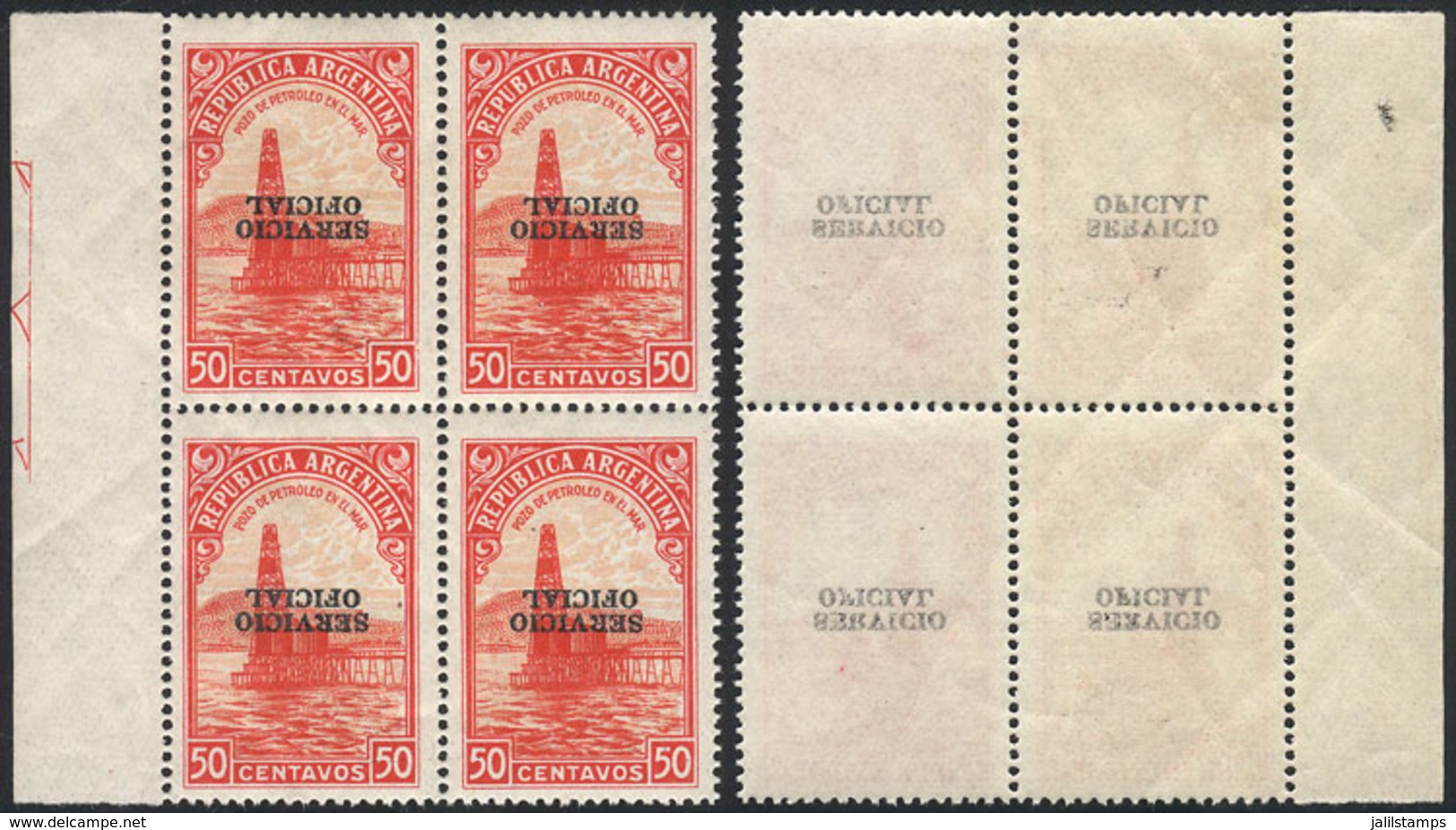 ARGENTINA: GJ.663a, 50c. Petroleum, With INVERTED OVERPRINT, MNH Block Of 4 (+50%), Also Offset Impression Of The Ovpt.  - Officials