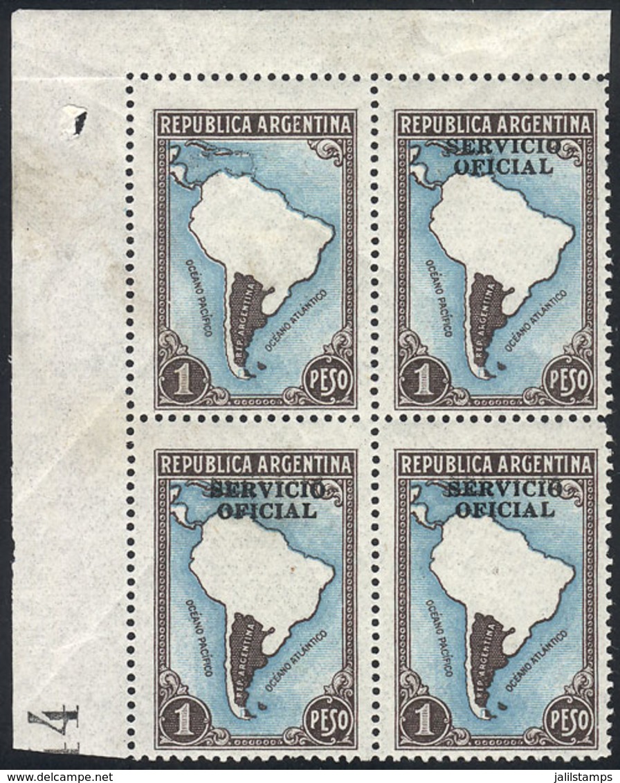 ARGENTINA: GJ.665c, 1P. Map, Corner Block Of 4, One Stamp WITHOUT OVERPRINT, MNH (+50%), Superb! - Officials