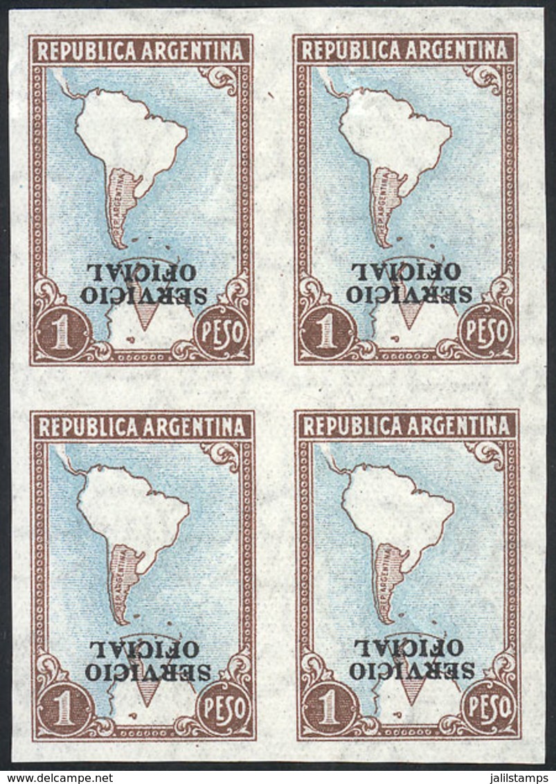 ARGENTINA: GJ.677P, 1P. Map With Antarctica, IMPERFORATE BLOCK OF 4 With INVERTED Overprint, Mint, The Bottom Pair Is MN - Service