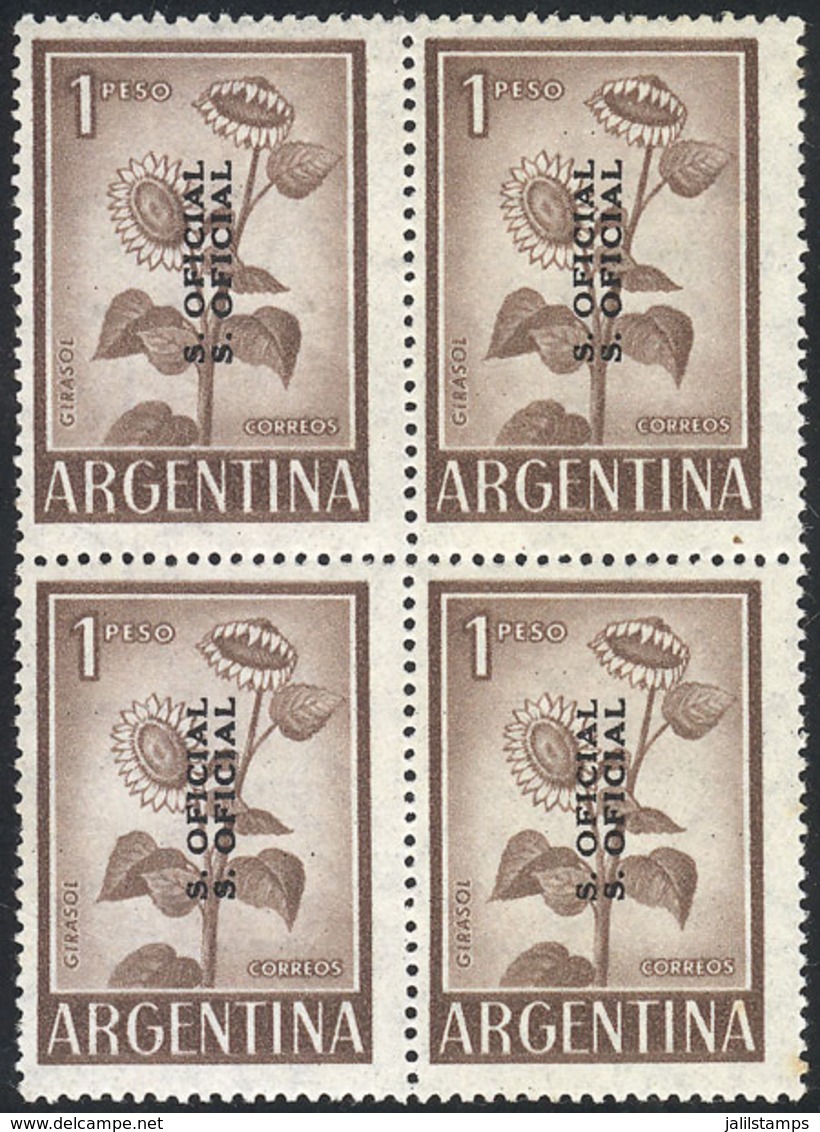 ARGENTINA: GJ.737a, 1P. Sunflower, Block Of 4 With DOUBLE OVERPRINT, MNH (+50%), VF Quality, Rare! - Officials