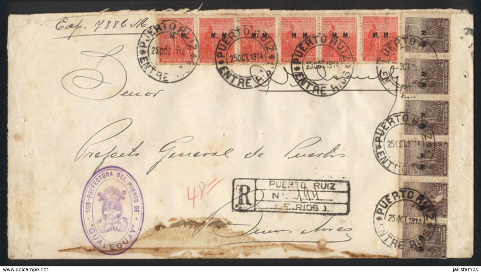 ARGENTINA: Registered Cover Sent From PUERTO RUIZ (Entre Ríos) To Buenos Aires On 25/OC/1914 Franked With 42c. (Plowman  - Officials