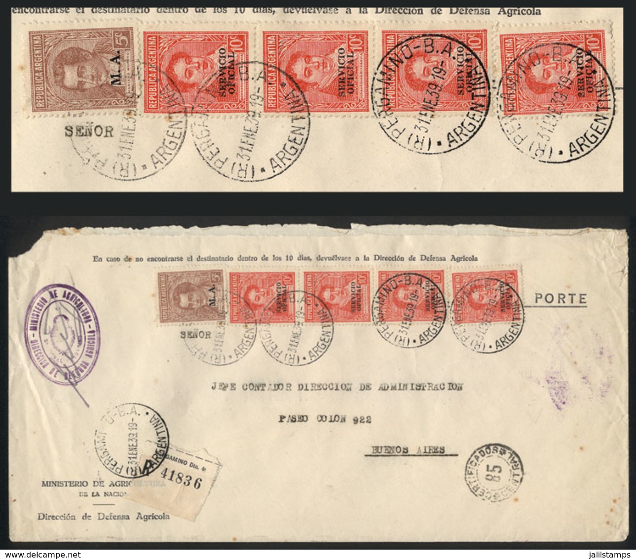 ARGENTINA: RARE MIXED POSTAGE: Registered Cover Posted On 31/JA/1939, Franked With 45c. Combining One 5c. Moreno With 'M - Dienstmarken