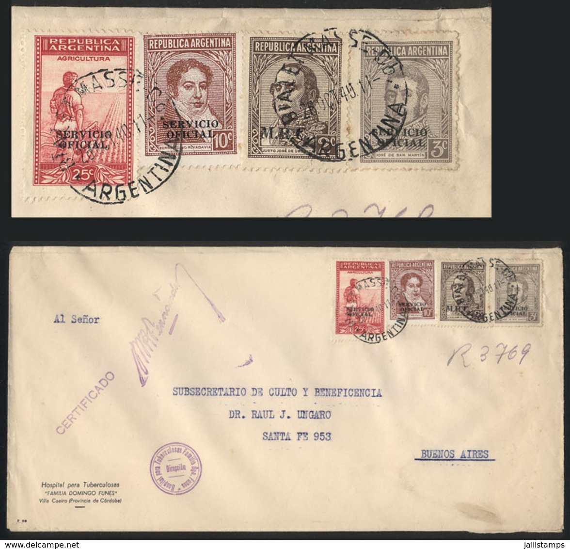 ARGENTINA: RARE MIXED POSTAGE: Registered Cover Posted On 26/OC/1940, Franked With 40c. Combining One 2c. Urquiza With ' - Officials