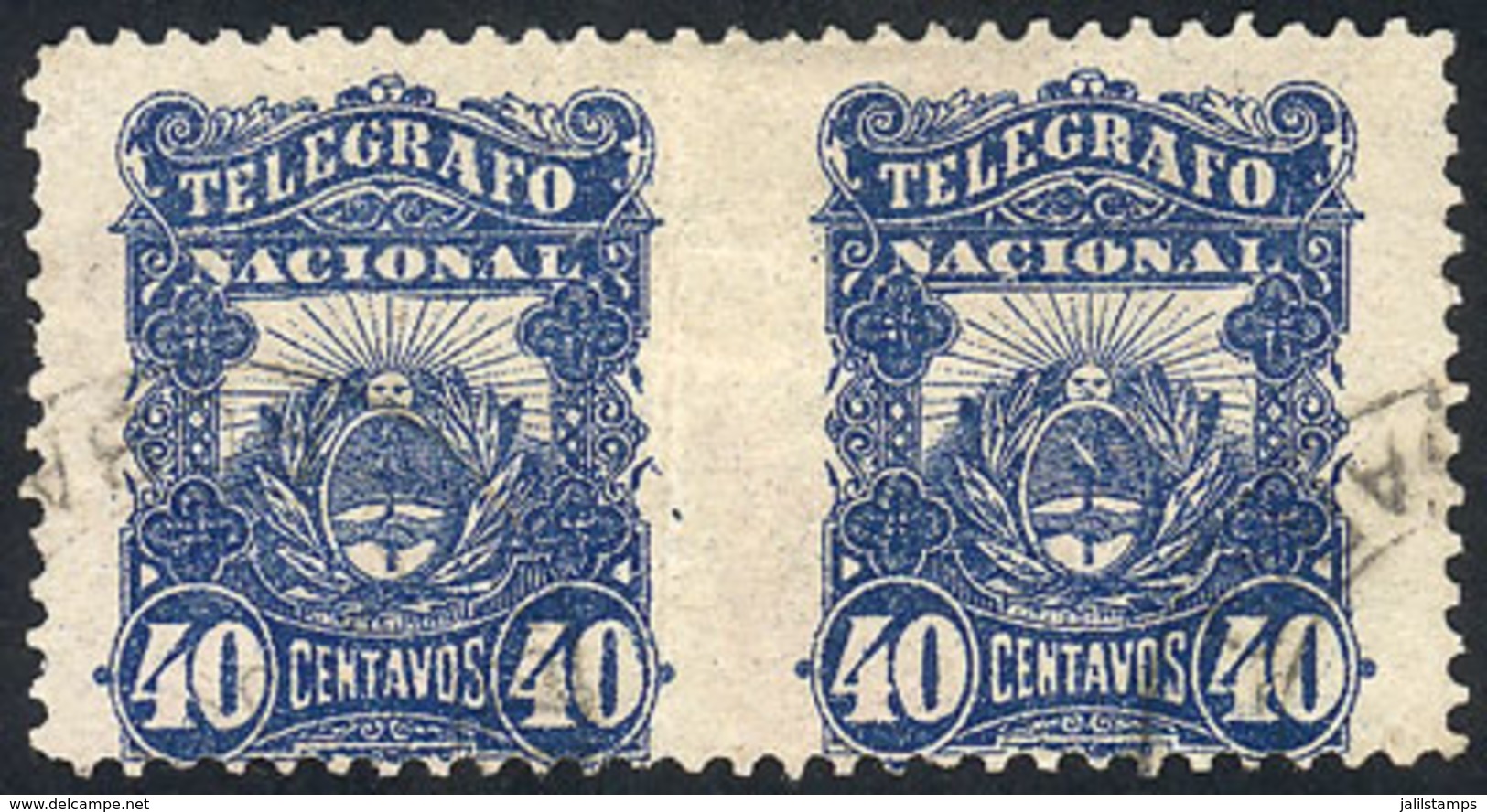 ARGENTINA: GJ.3PV, Telégrafo Nacional 40c. Of 1887, Used Horizontal Pair IMPERFORATE BETWEEN, With Tiny Pin Hole Barely  - Telegraph