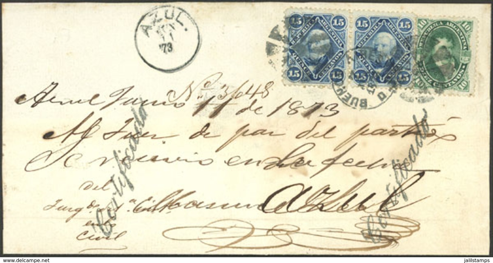 ARGENTINA: Front And Part Of The Back Of A Registered Folded Cover Sent To The Justice Of The Peace Of Azul On 7/JUN/187 - Briefe U. Dokumente