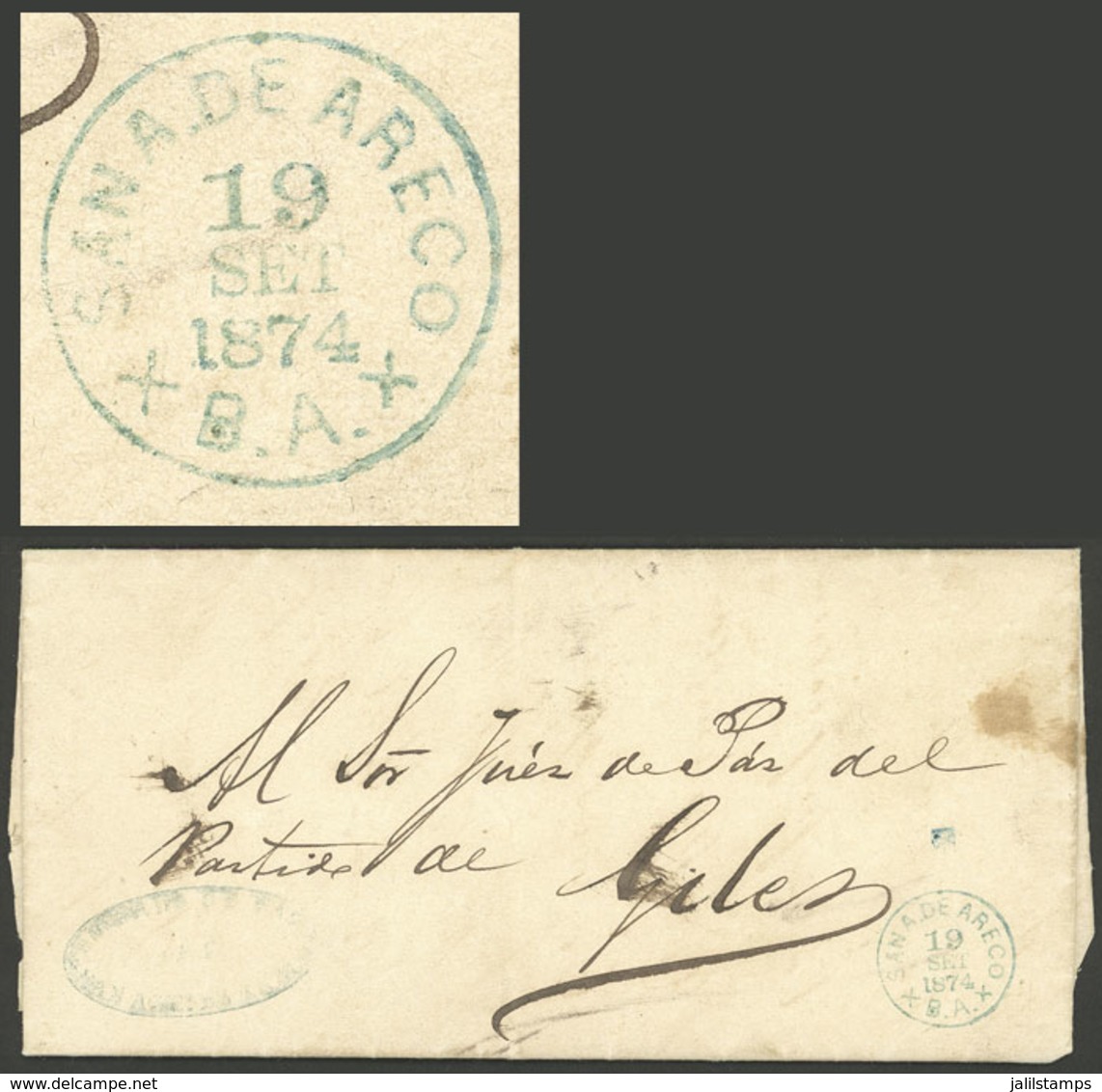 ARGENTINA: 19/SE/1874 San Antonio De Areco - Giles, Entire Letter With Blue Mark "SAN A. DE ARECO - XB.A.X" Perfectly Ap - Covers & Documents