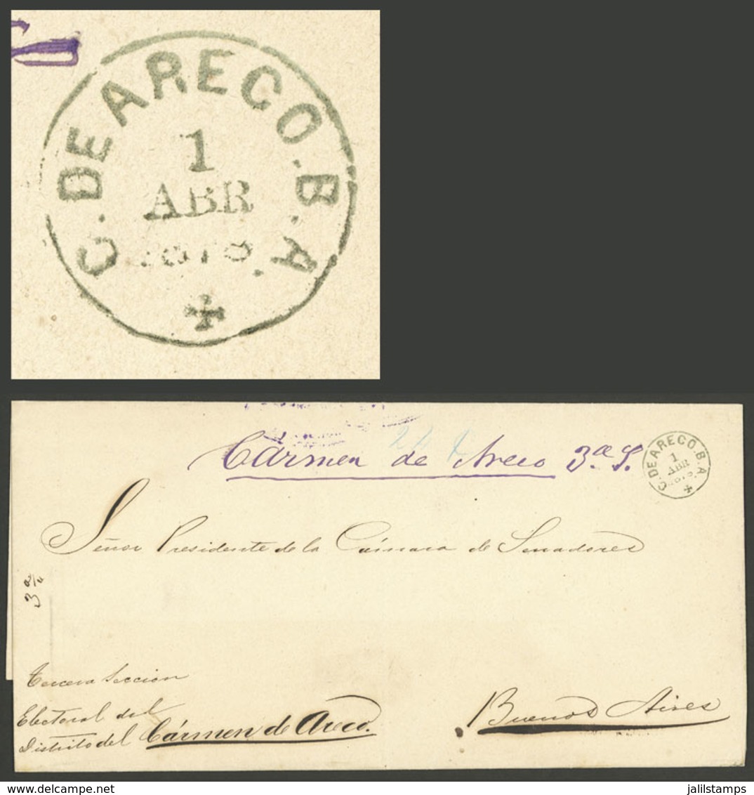 ARGENTINA: 1/AP/1878 Carmen De Areco - Buenos Aires, Official Folded Cover With Datestamp "C. DE ARECO +" In Single Circ - Briefe U. Dokumente