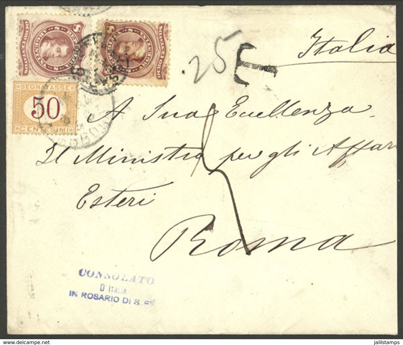 ARGENTINA: Cover Sent To Roma Franked With 2 Examples Of GJ.54 With Rosario Cancel For 14/FE/1884. It Also Bears "T25" D - Briefe U. Dokumente