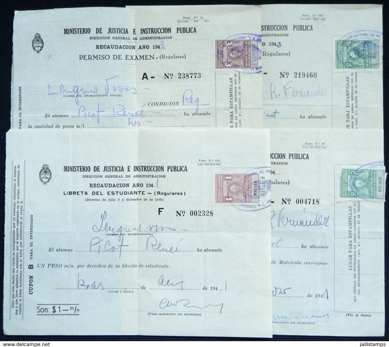 ARGENTINA: Derechos Fiscales Exámenes Y Matrículas: 4 Receipts Sit Examaninations Of The Year 1941 And 1943 With Differe - Sonstige & Ohne Zuordnung