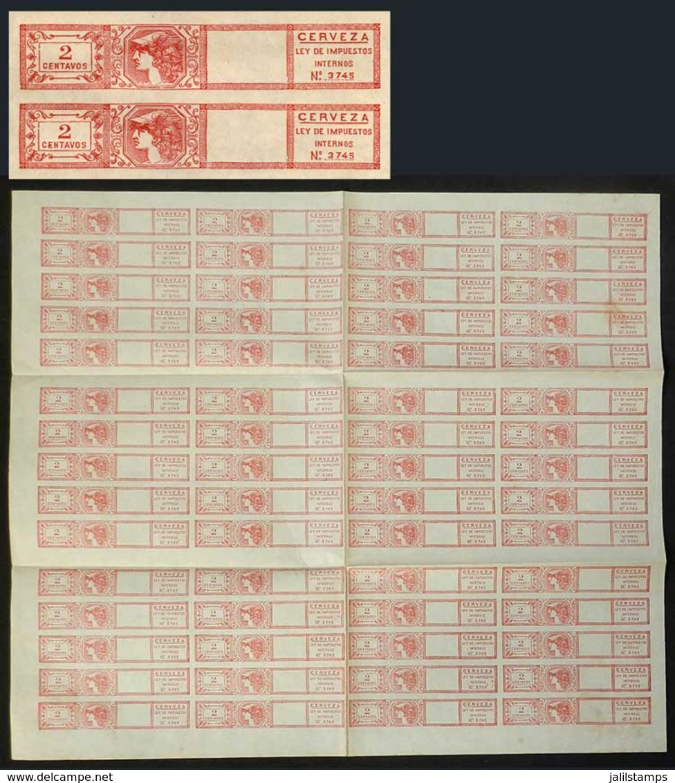 ARGENTINA: BEER 2c. Revenue Stamp, Proof, Large Sheet Consisting Of 3 Groups Of 20 Stamps, VF Quality, Rare! - Other & Unclassified