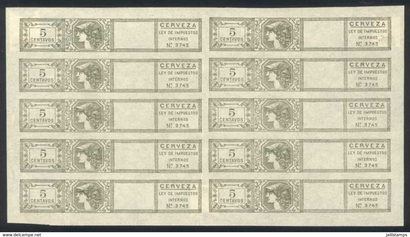 ARGENTINA: BEER: Revenue Tamp Of 5c., PROOF Printed In Gray, Complete Mini-sheet Of 10, VF! - Other & Unclassified