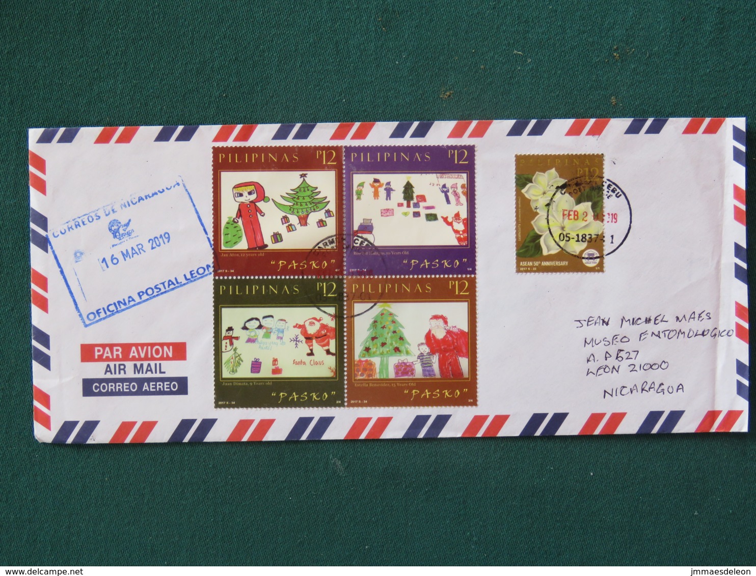 Philippines 2019 Cover To Nicaragua - Christmas Children Drawings - Flowers - Philippines