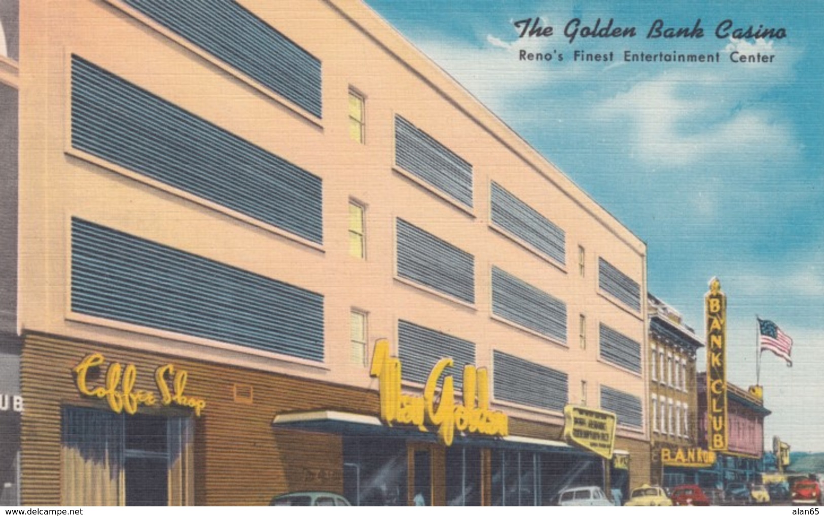 Reno Nevada, The Golden Bank Casino, Coffee Shop Sign, C1950s Vintage Linen Postcard - Reno