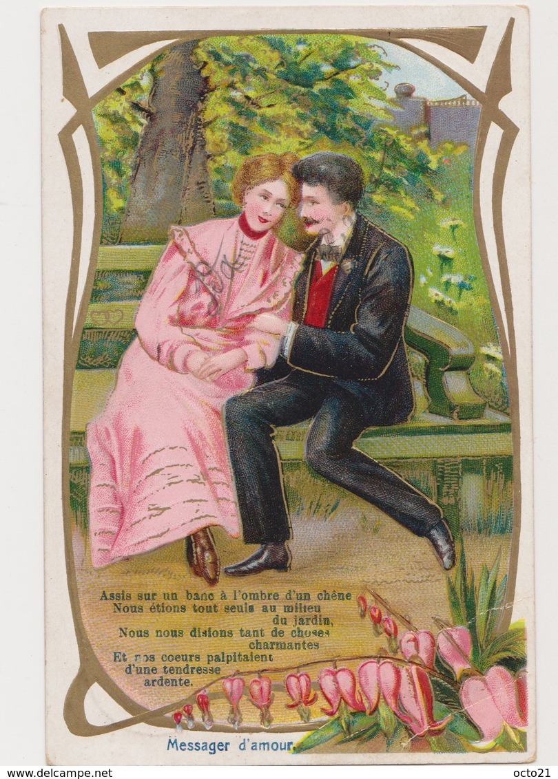 Carte Fantaisie Gaufrée    / Messager D'amour / Couple Sur Un Banc - Couples