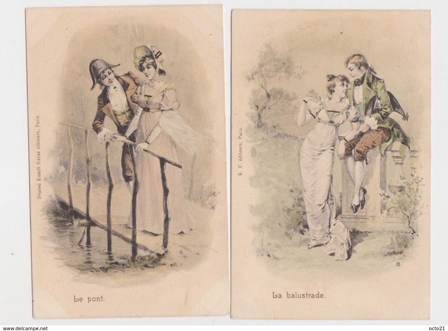 2 Cartes Fantaisie Dessinées    / Couple / La Balustrade ; Le Pont - Couples