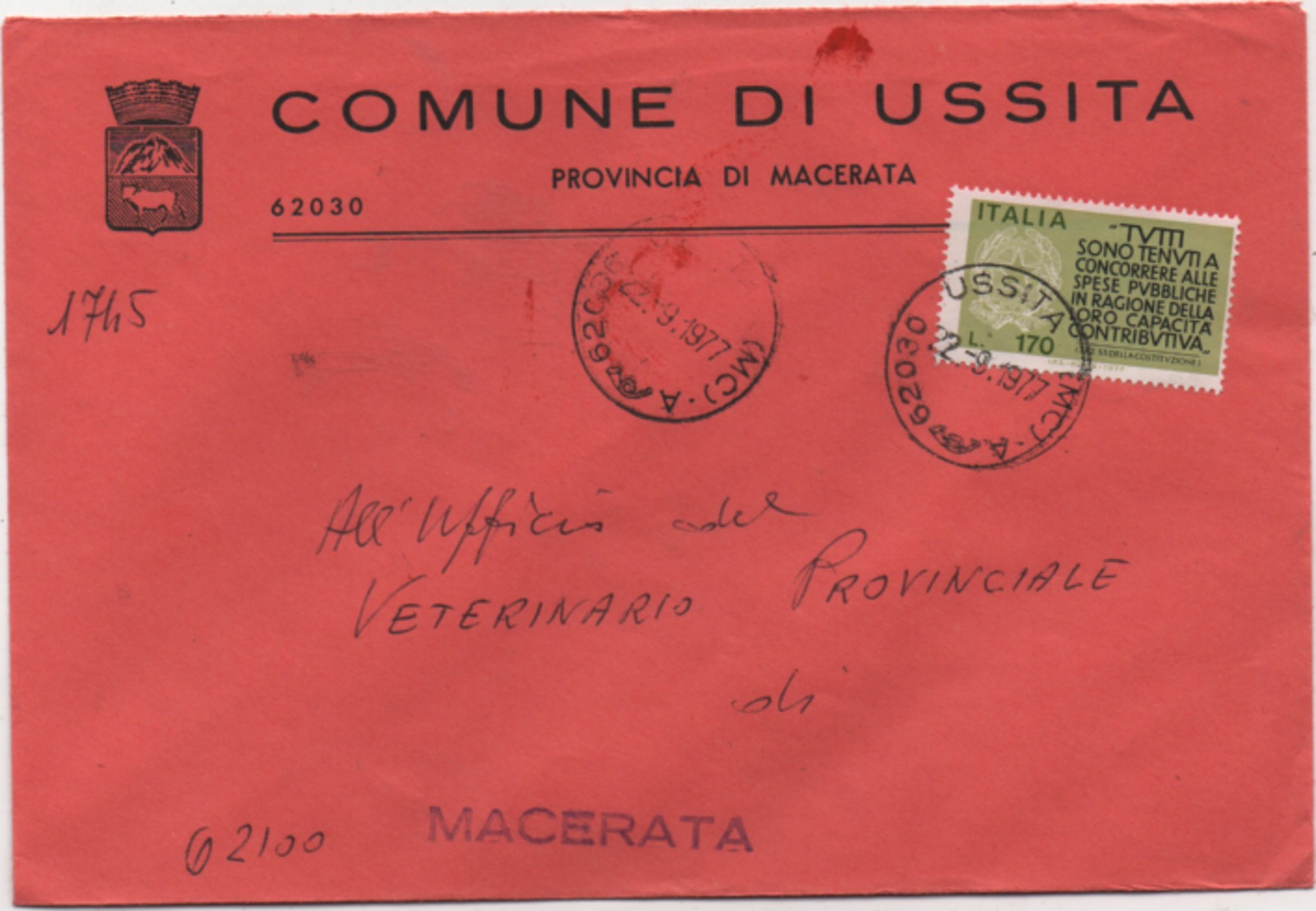 Tematica Comuni D'Italia: Capacità Contributiva £. 170 Su Busta Comune Di Ussita (Macerata) Del 22.09.1977 - 1971-80: Marcofilie