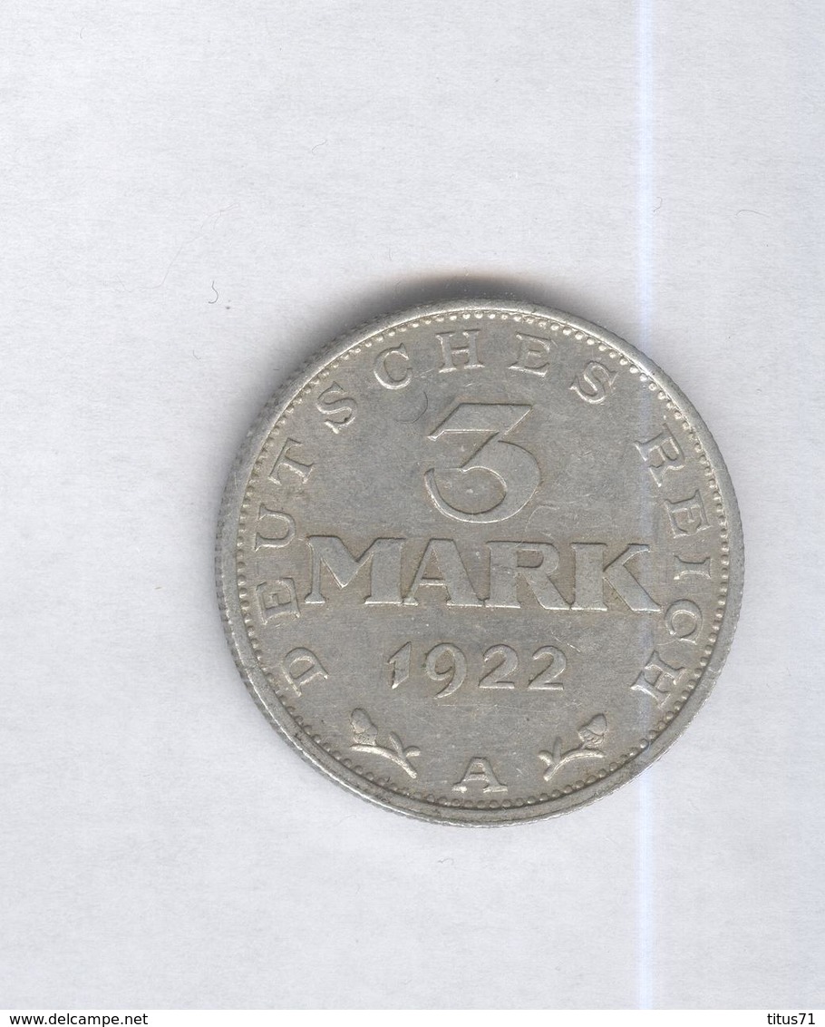 3 Mark Allemagne 1922 A - TTB+ - 3 Mark & 3 Reichsmark