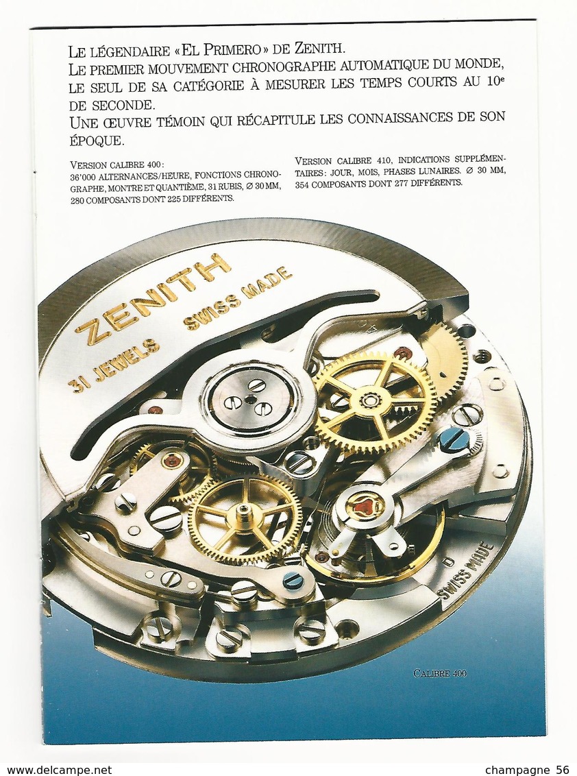 DOCUMENT MONTRES PUBLICITAIRES ZENITH LE PREMIER MOUVEMENT CHRONOGRAPHE AUTOMATIQUE SWISS - Montres Publicitaires