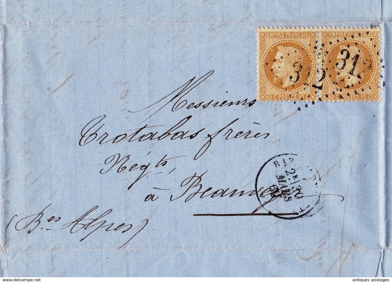 Lettre 1869 Barcelonnette Alpes De Hautes Provence Paire Napoléon III Lauré 10 Centimes Gassier Père Et Fils Banque Bank - 1863-1870 Napoléon III Lauré