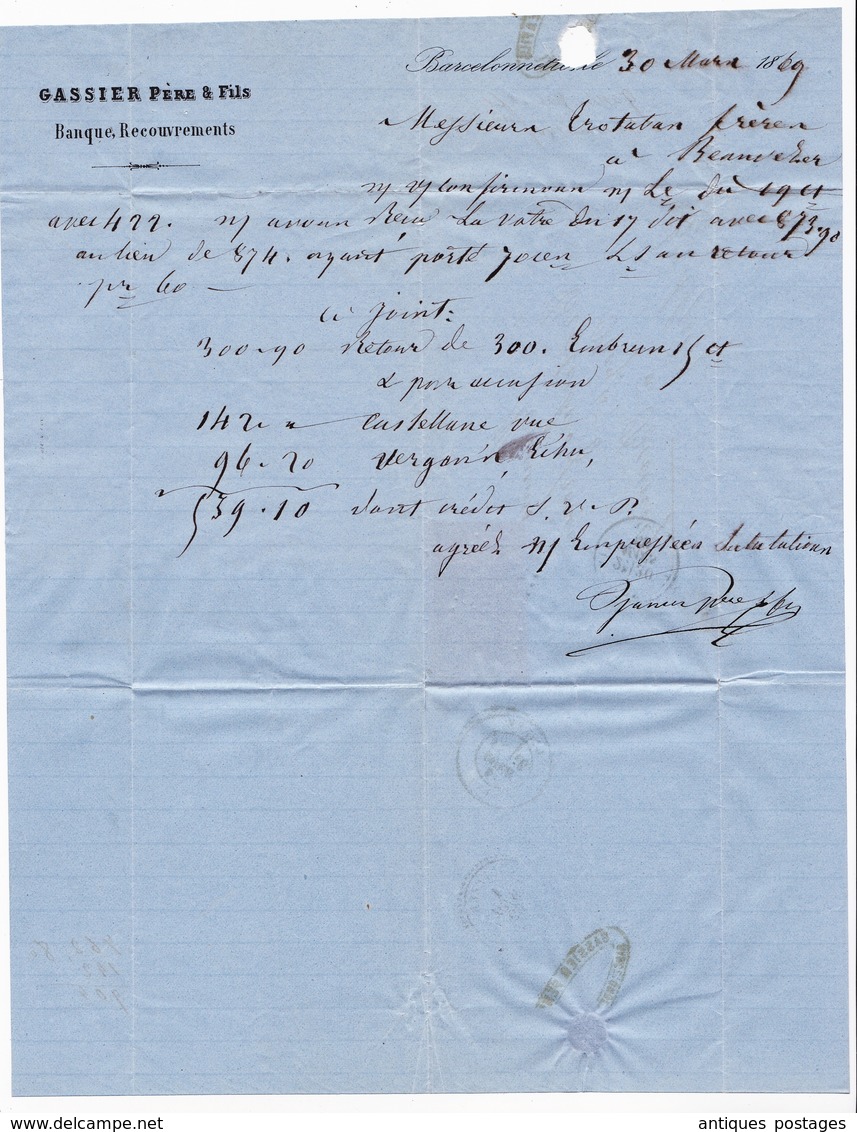 Lettre 1869 Barcelonnette Alpes de Hautes Provence Paire Napoléon III Lauré 10 Centimes Gassier Père et Fils Banque Bank
