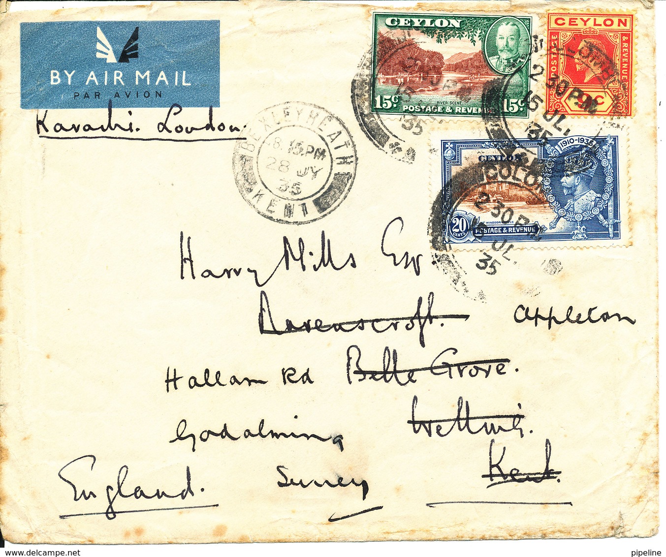 Ceylon Cover Sent To England 15-7-1935 (see Scan For The Quality Of The Cover) - Ceylon (...-1947)