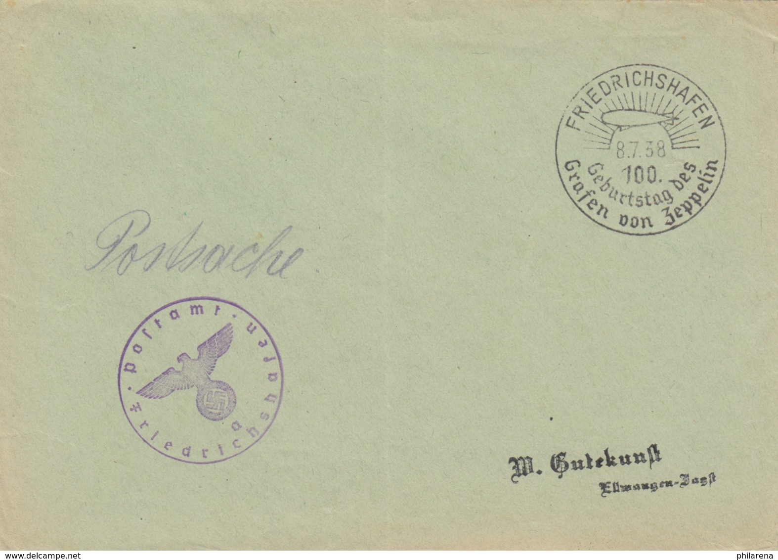 Postsache Kuvert 1938: Friedrichshafen Geburtstag Des Grafen Von Zeppelin - Sonstige & Ohne Zuordnung
