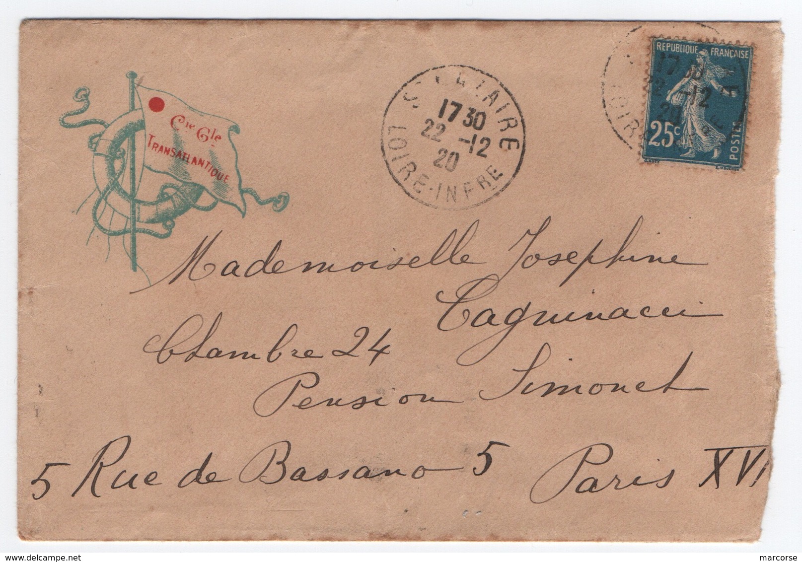 1920 25c SEMEUSE Type IV  Carnet / Enveloppe Cie Générale Transatlantique Cachet SAINT-NAZAIRE LOIRE- INFERIEURE > PARIS - Cartas & Documentos