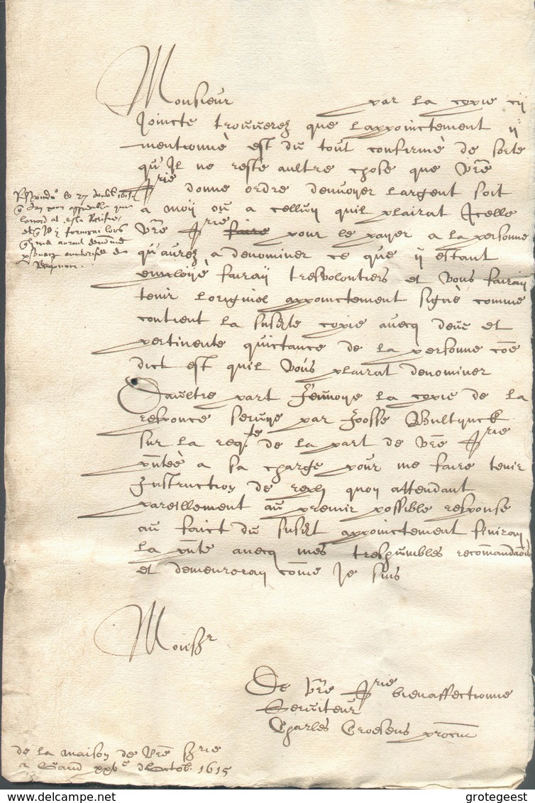 LAC De GAND (GENT) 1615 + Mention Manuscrite 'port' Vers Lille.  Très Ancienne Date Et Belle Fraîcheur - 14458 - 1598-1621 (Independent Netherlands)