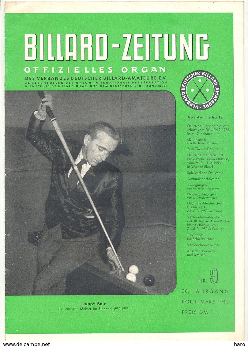 BILLARD - ZEITUNG Nr 9 De  1958 .(jm) - Sport