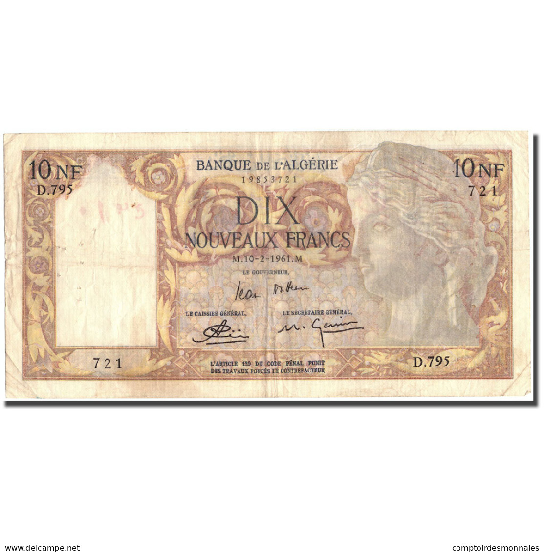 Billet, Algeria, 10 Nouveaux Francs, 1961, 1961-02-10, KM:119a, TTB - Algérie