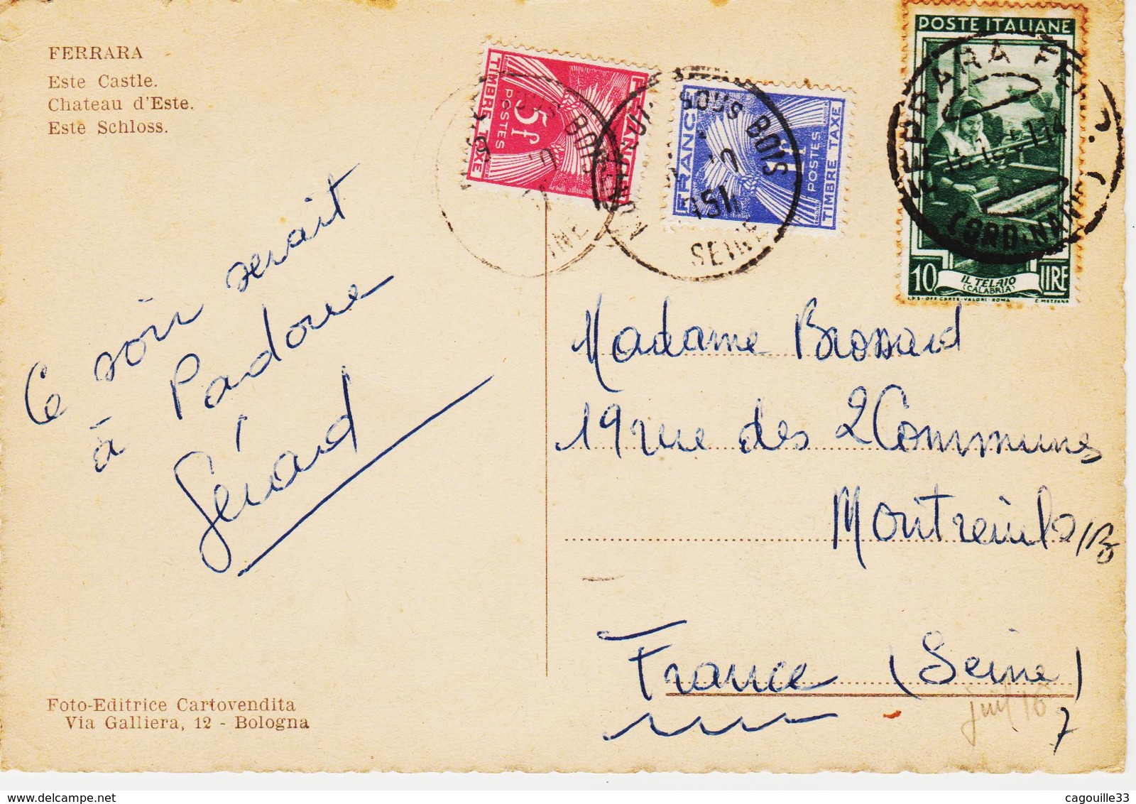 France, De Montreuil Sous Bois , Taxe Gerbes 5 +1 F  Sur Doc Italien  En 1951   TB - 1859-1959 Lettres & Documents