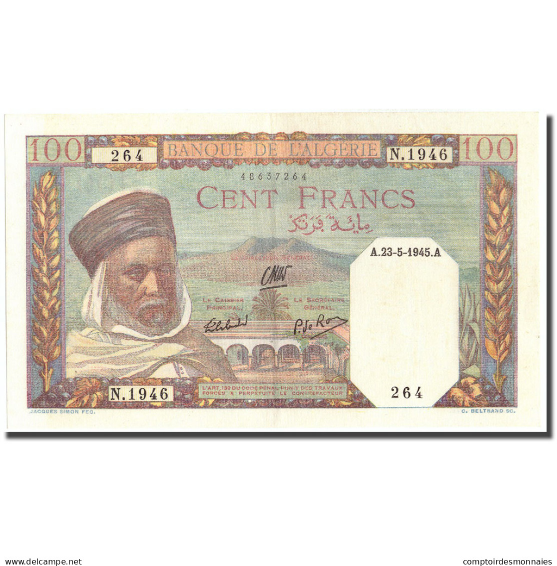 Billet, Algeria, 100 Francs, 1945, 1945-05-23, KM:85, SUP+ - Algeria