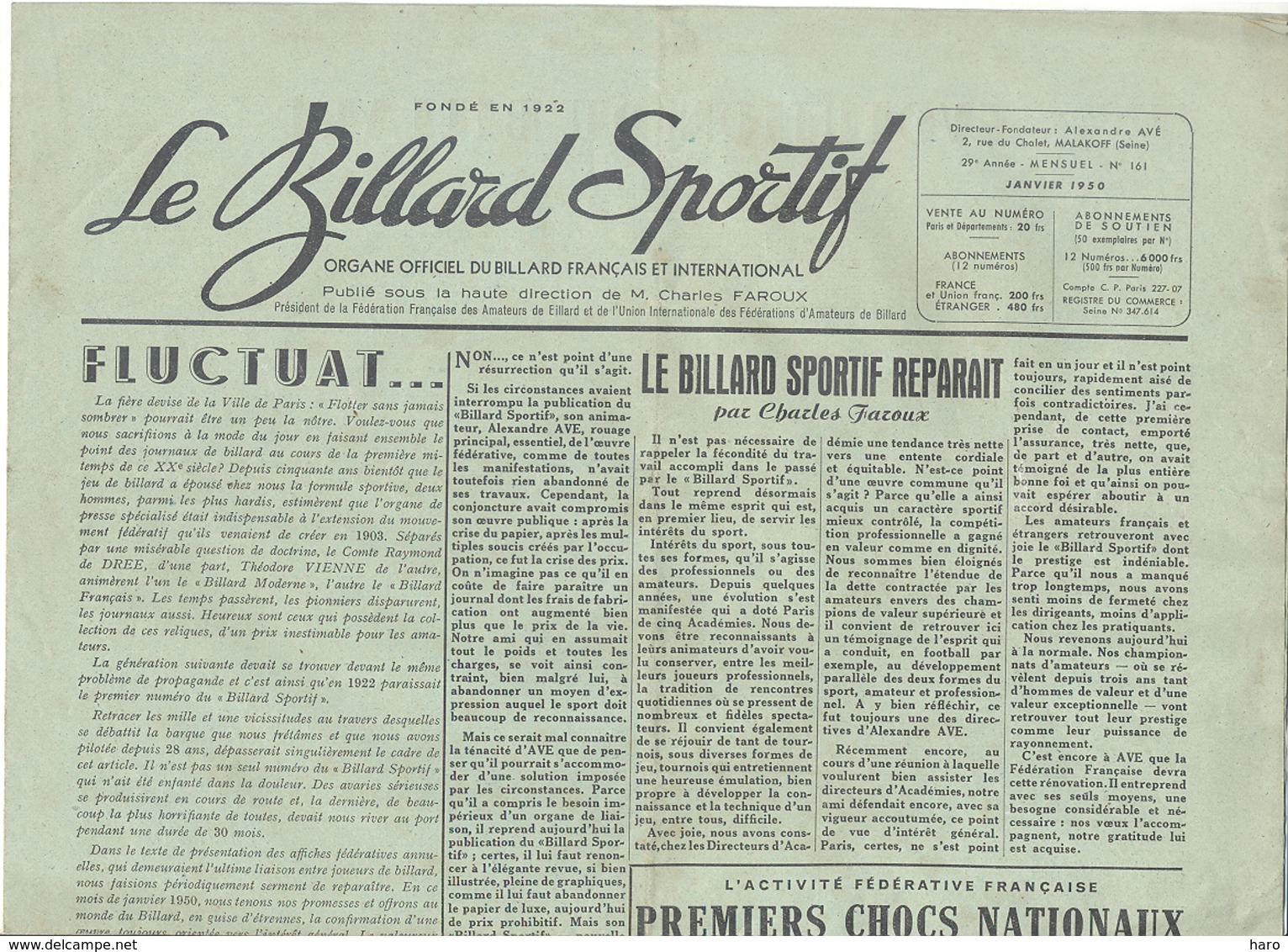 Journal " Le Billard Sportif " N° 161 De Janvier 1950 - France (jm) - Sport