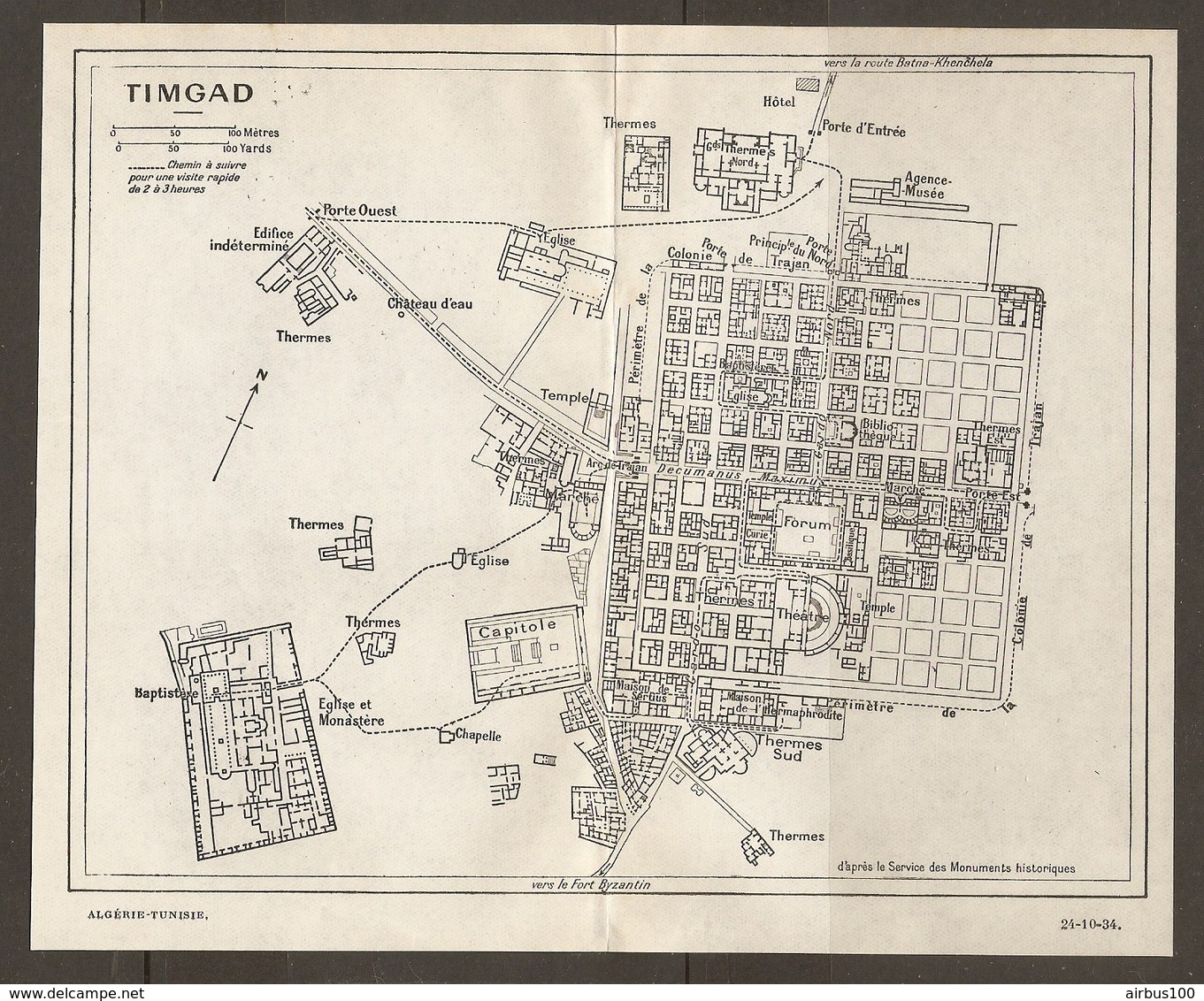 CARTE PLAN 1934 - ALGERIE ALGERIA TIMGAD CITE ANTIQUE FONDEE Par L'EMPEREUR ROMAIN TRAJAN - CAPITOLE THERMES HOTEL - Topographical Maps