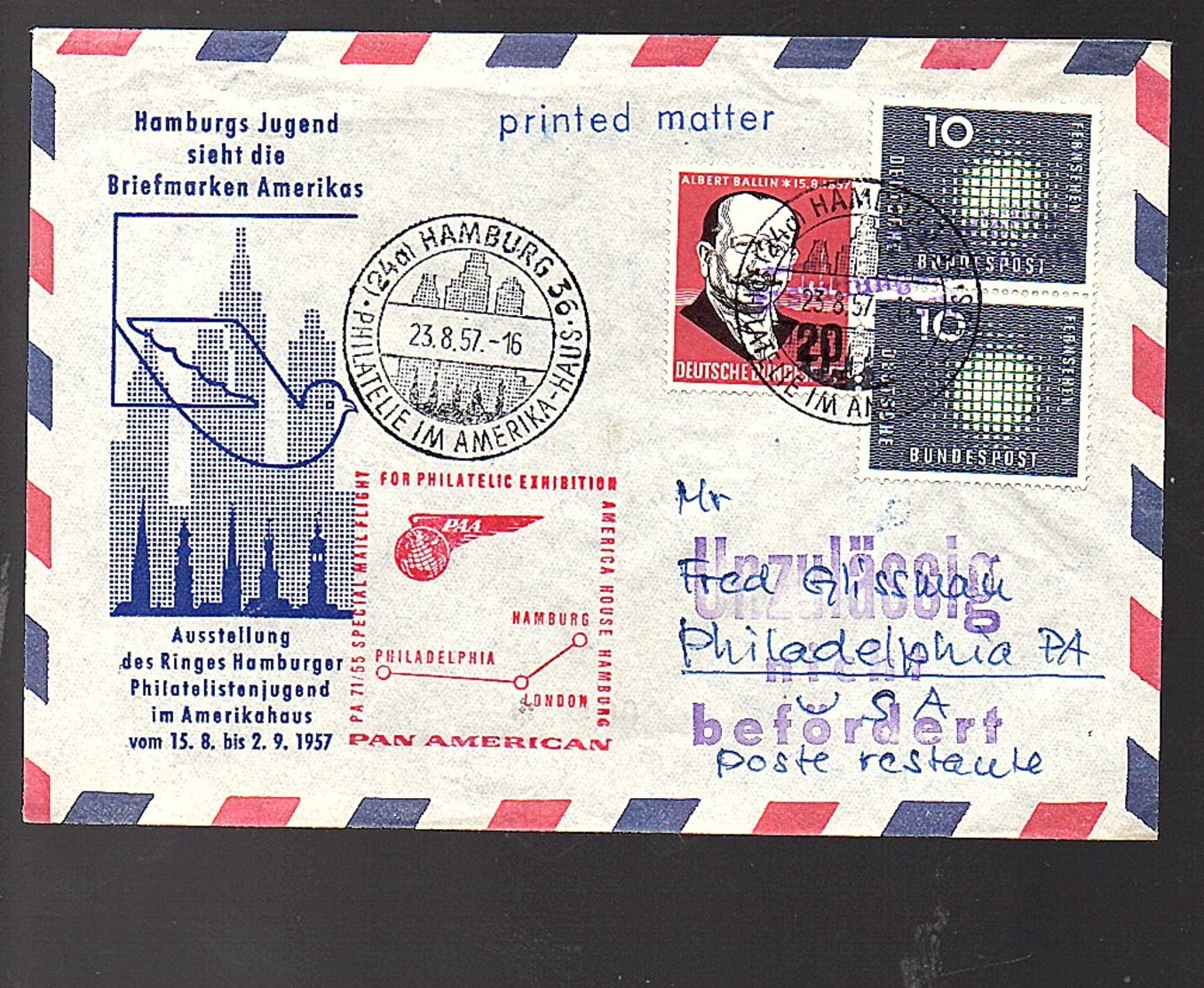 1958 Scarce Early Pan-American Flight Hamburg – Philadelphia London (540) - Cartas & Documentos