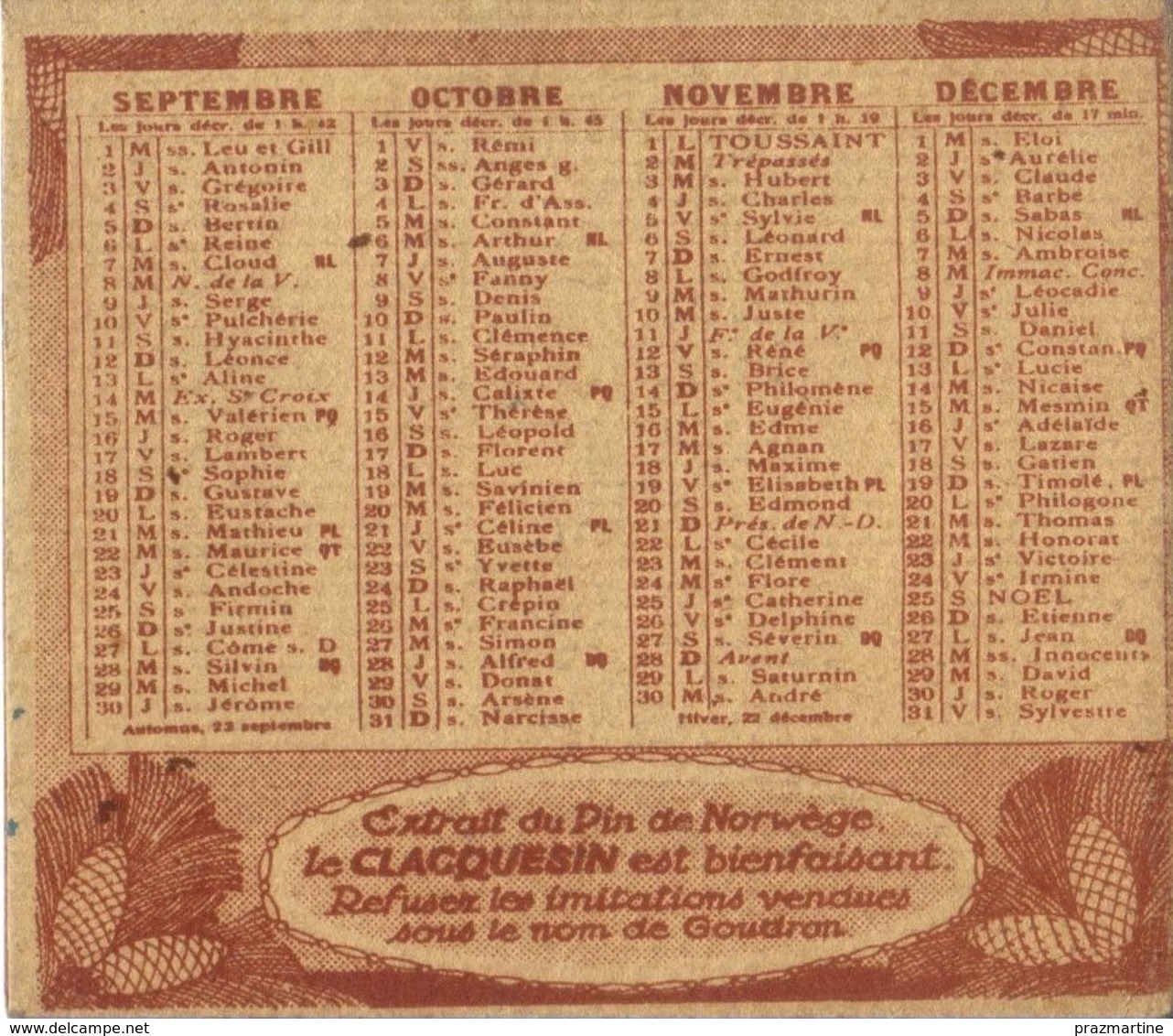 Calendrier Publicitaire CLACQUESIN 1926 - Publicités