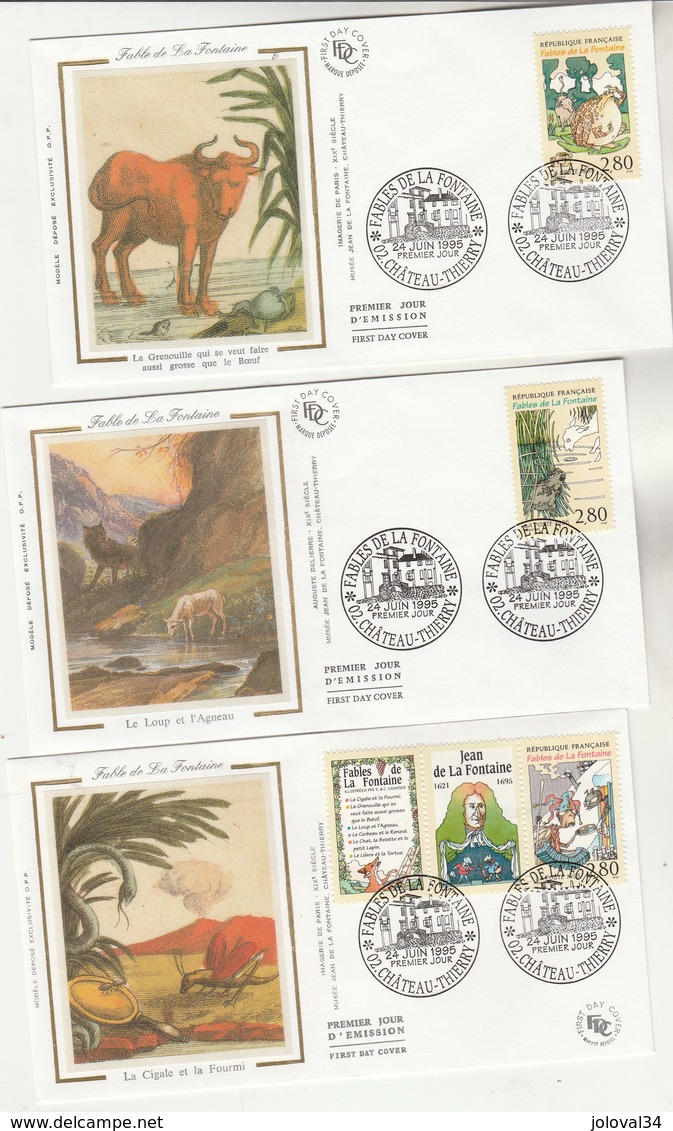 France Lot 6 Enveloppes  FDC Sur Soie 1995 Yvert  Série 2958 à 2963 Fables De La Fontaine Chateau Thierry  - 2 Scan - 1990-1999